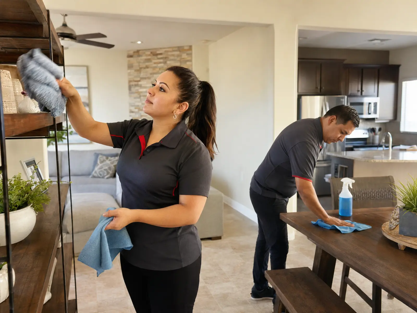 Cleaner dusting shelves during a general home cleaning