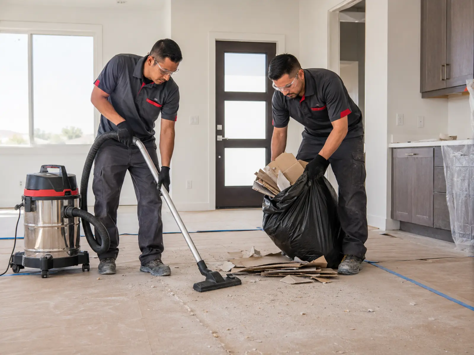 Workers removing loose debris from an interior space