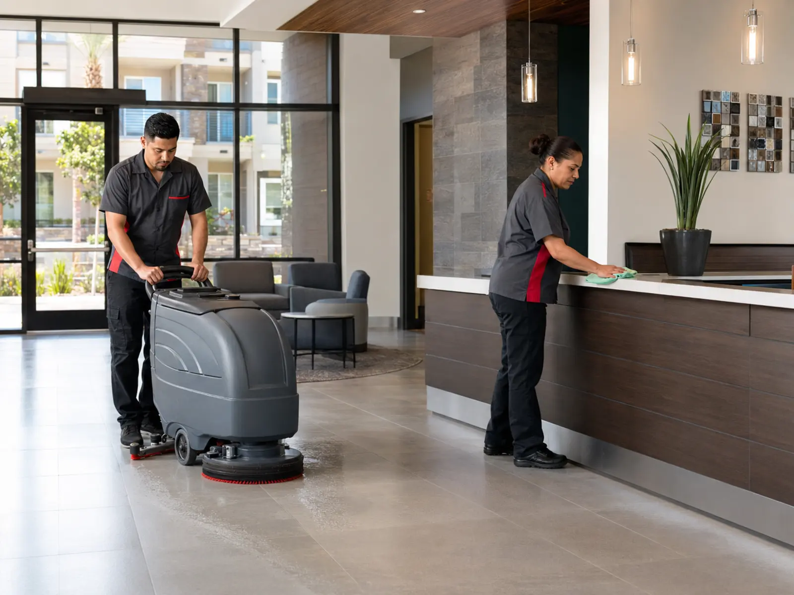 Cleaning crew servicing a residential kitchen and living area