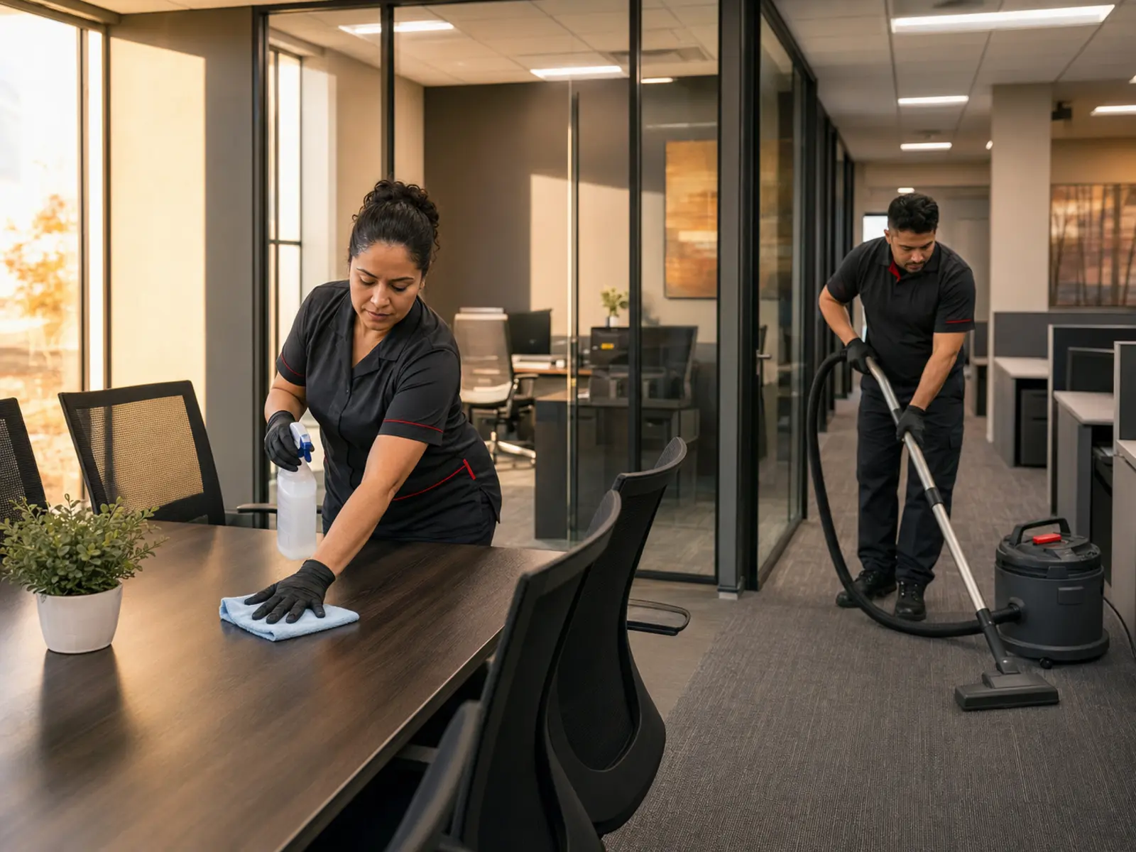 Cleaners wiping a conference table and vacuuming an office